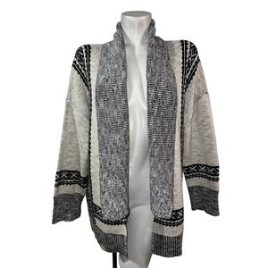 Chicos Size XL (3) Cardigan Sweater Open Front Geometric Pattern Cream Black